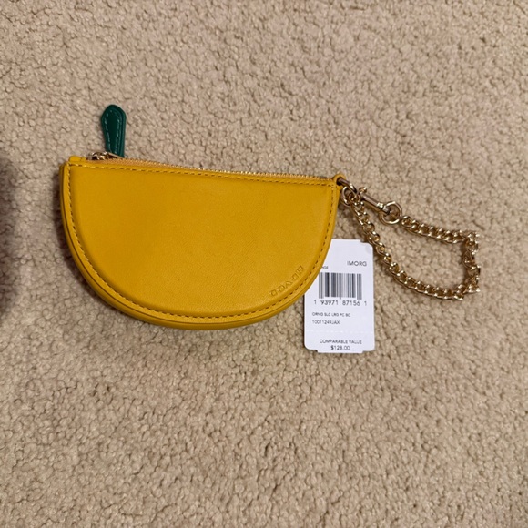 Coach New Orange Citrus Coin Wristlet Gold Chain Green Purse Bag Designer - Picture 3 of 5
